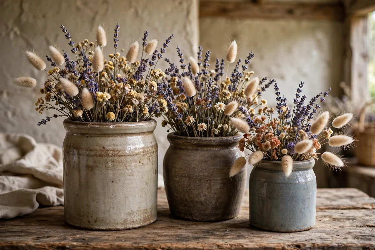 Dried wildflowers in vintage stoneware crocks on a wooden shelf