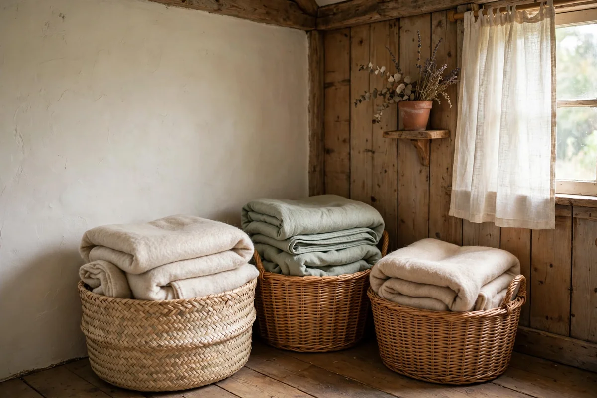 Handmade seagrass and rattan baskets organizing a cozy cottage room