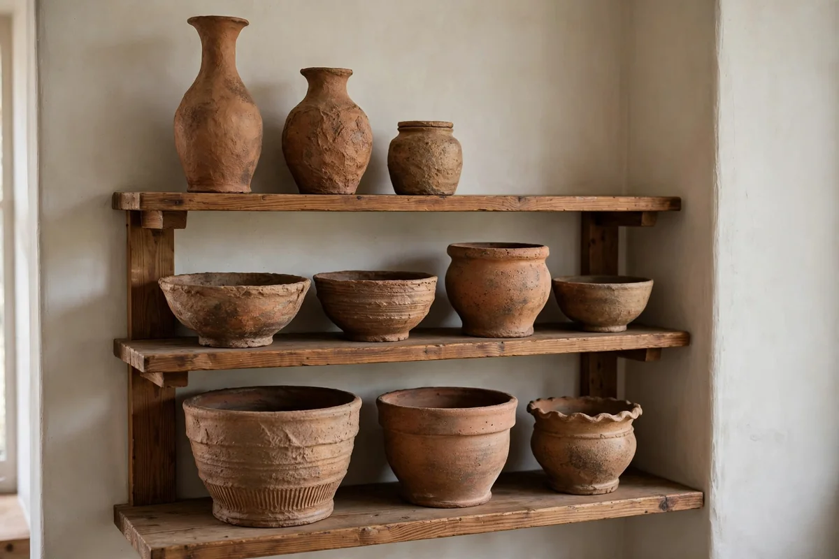Handmade terracotta vases and clay bowls on rustic wooden shelves