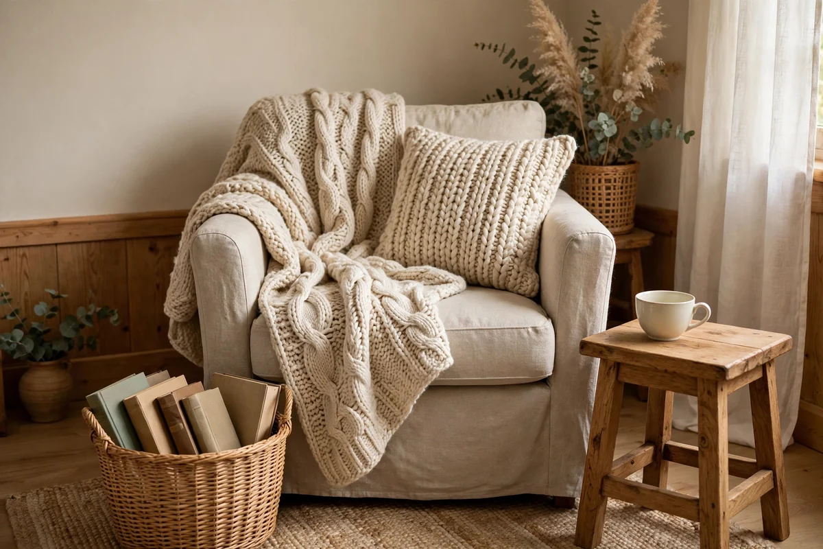 Cozy cottage reading corner with upholstered chair, knit throw and basket of books