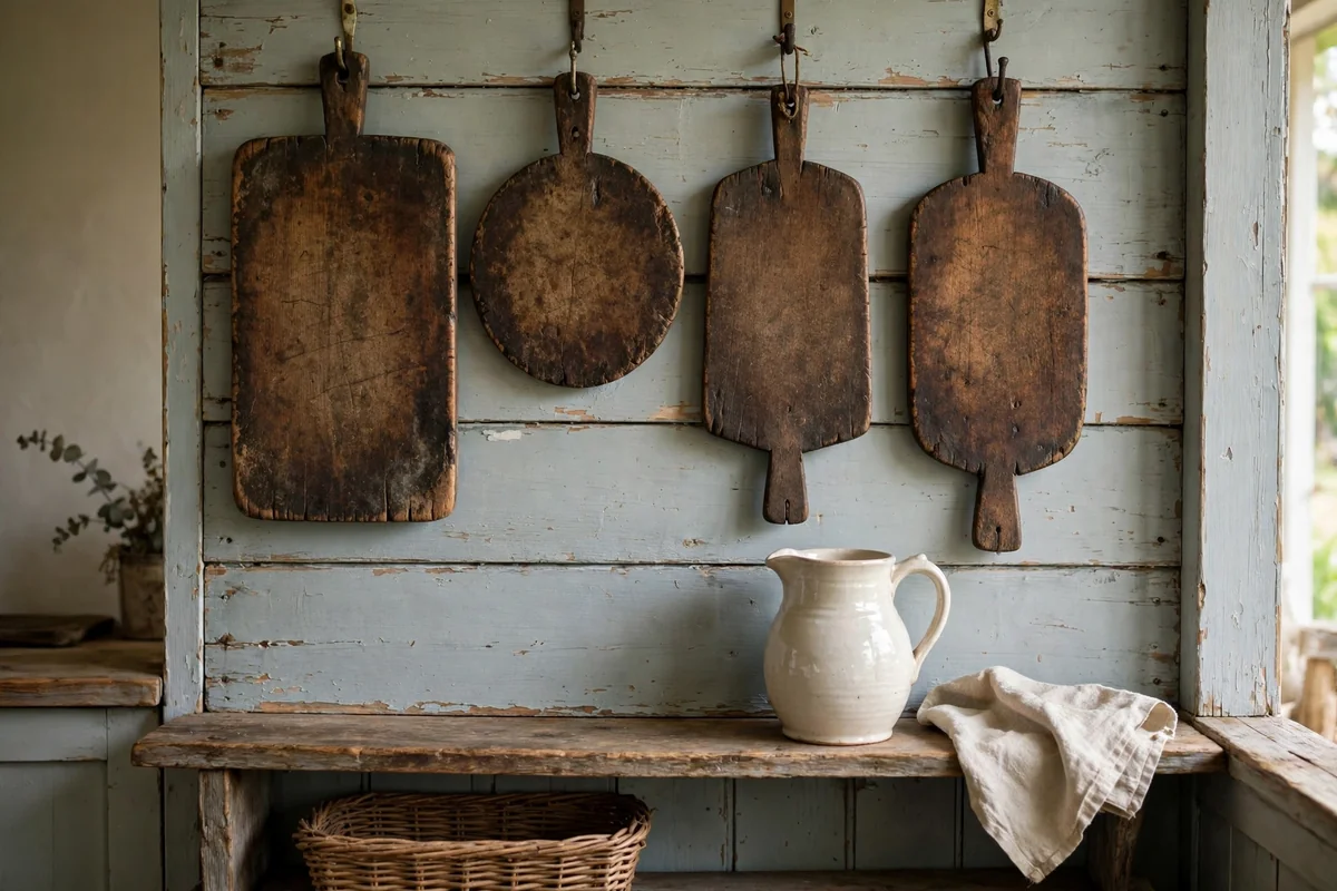 Vintage wooden cutting boards displayed on a cottage kitchen wall