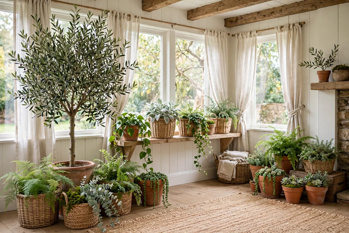 Olive tree in a woven basket beside a sunlit cottage window