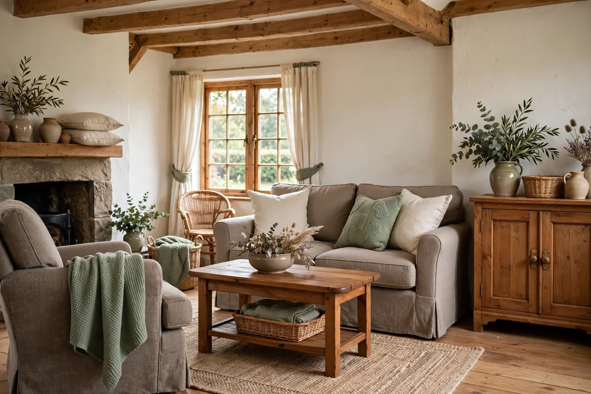 Serene cottage bedroom in cream, mushroom and soft taupe tones