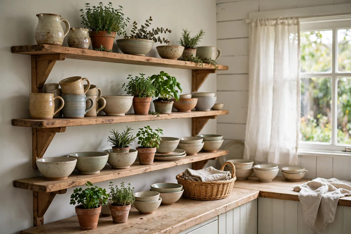 Open wooden kitchen shelves styled with handmade ceramic pottery