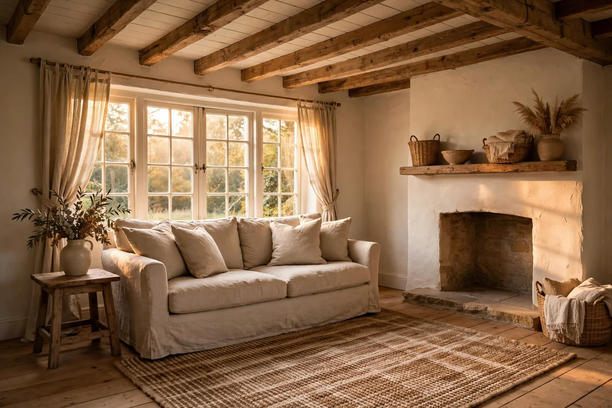 Rustic wood ceiling beams in a warm cottage living room