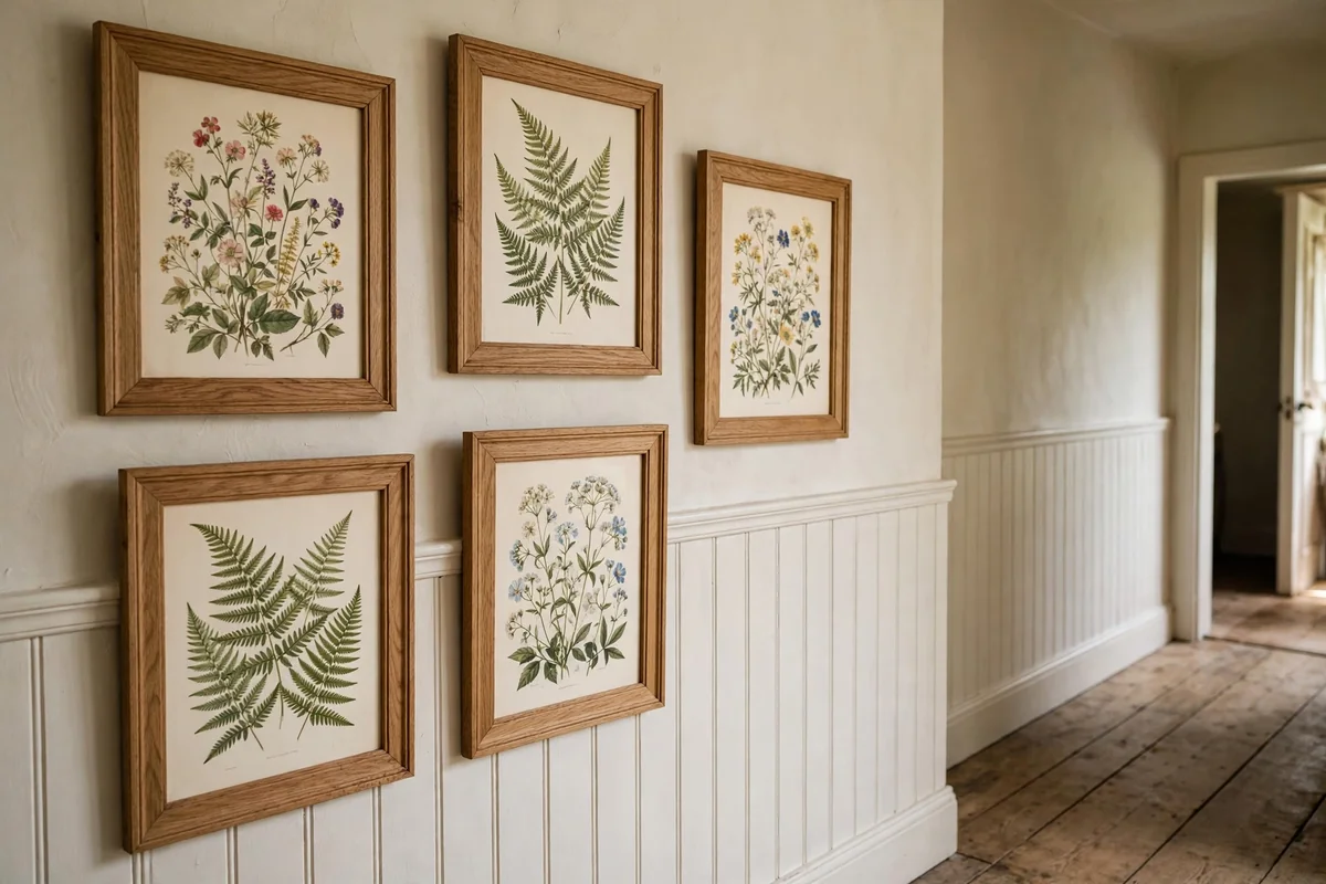 Vintage botanical prints in oak frames on a cottage hallway wall