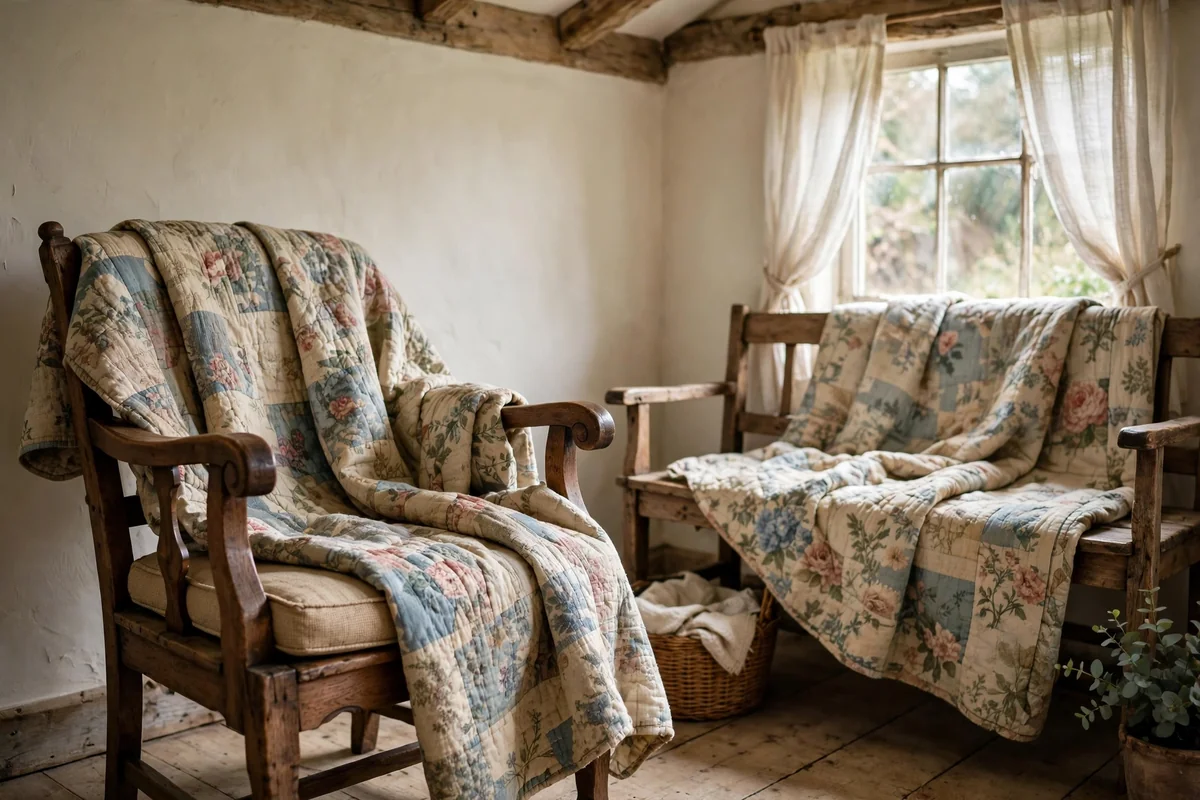 Vintage patchwork quilt draped over a cottage armchair