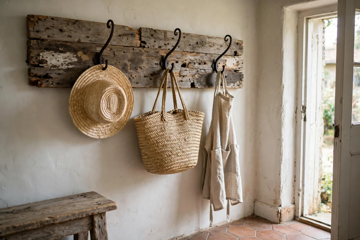 Wrought iron hooks holding baskets and hats in a cottage entryway