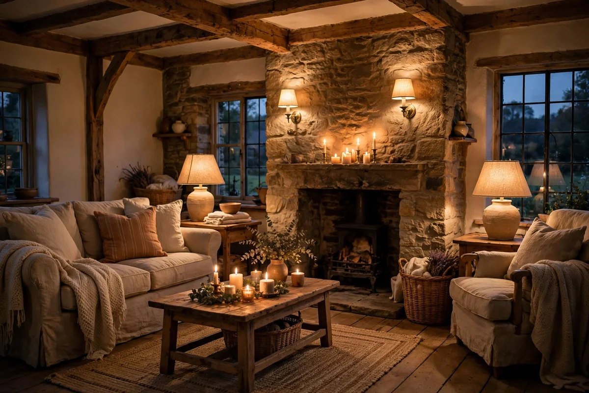 Warm layered lighting with linen shade lamps in a cottage living room