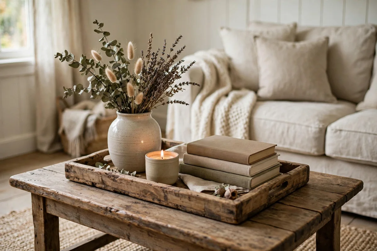 Cottage coffee table styled with wooden tray, ceramic vase and candle