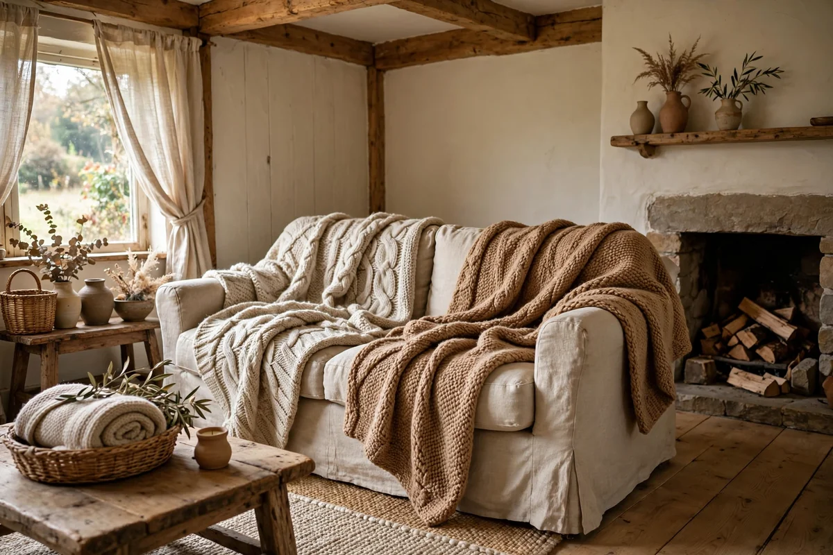 Chunky knit wool throws draped over a cottage sofa
