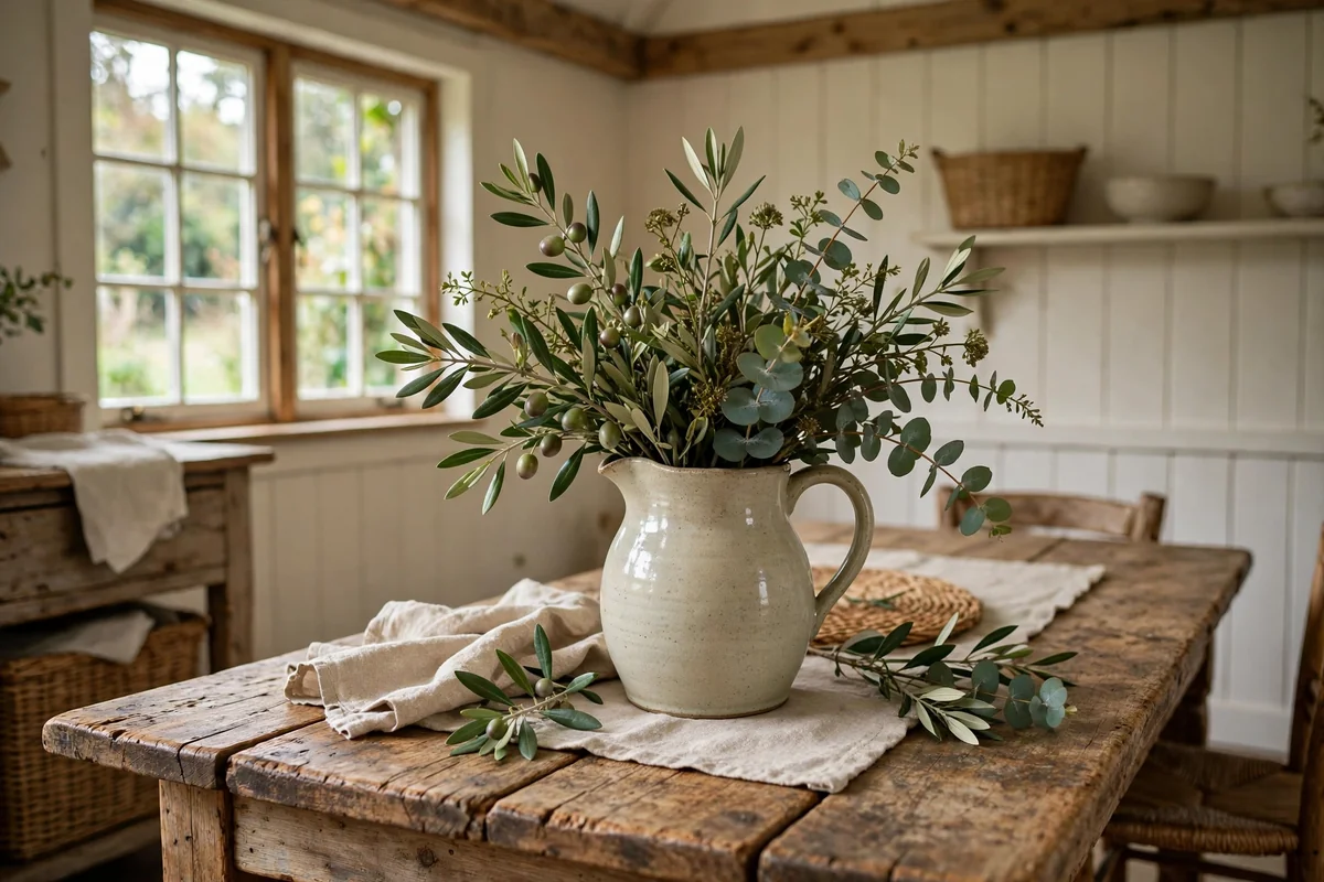Cottage dining table with olive branches and eucalyptus in a ceramic pitcher