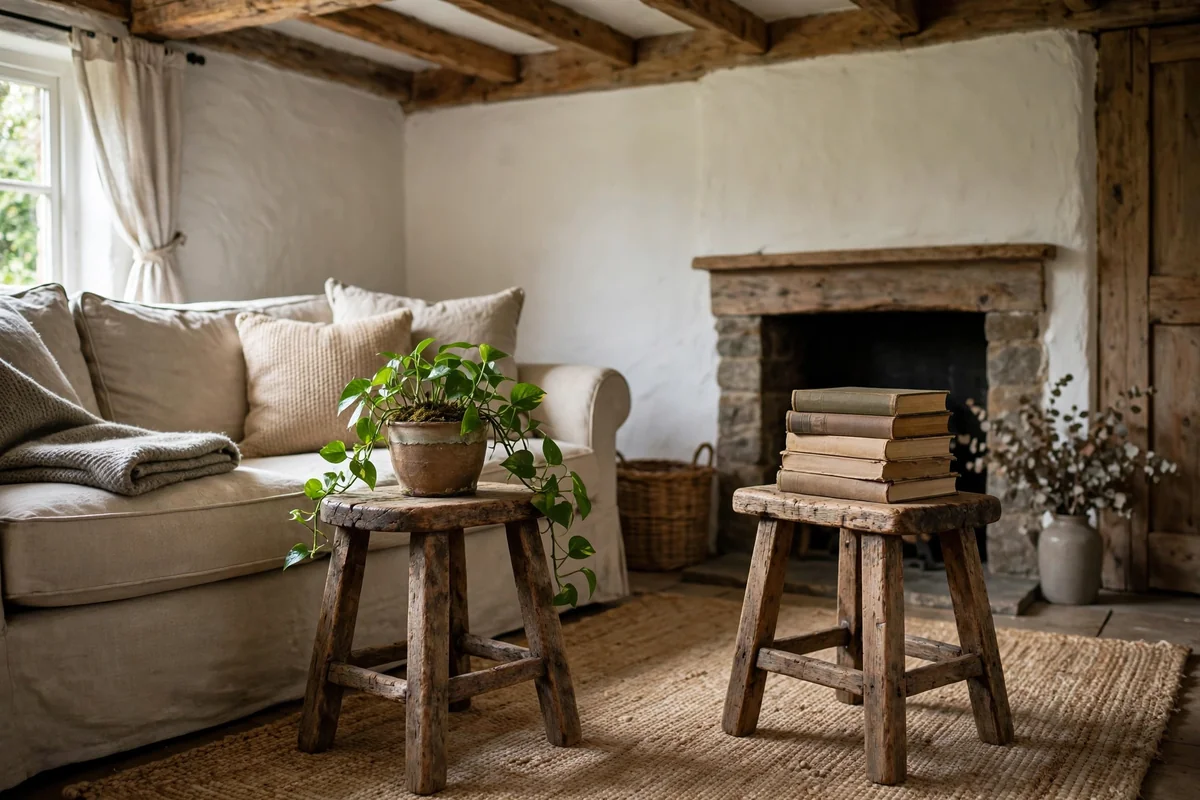 Rustic wooden stools used as plant stands beside a cottage sofa