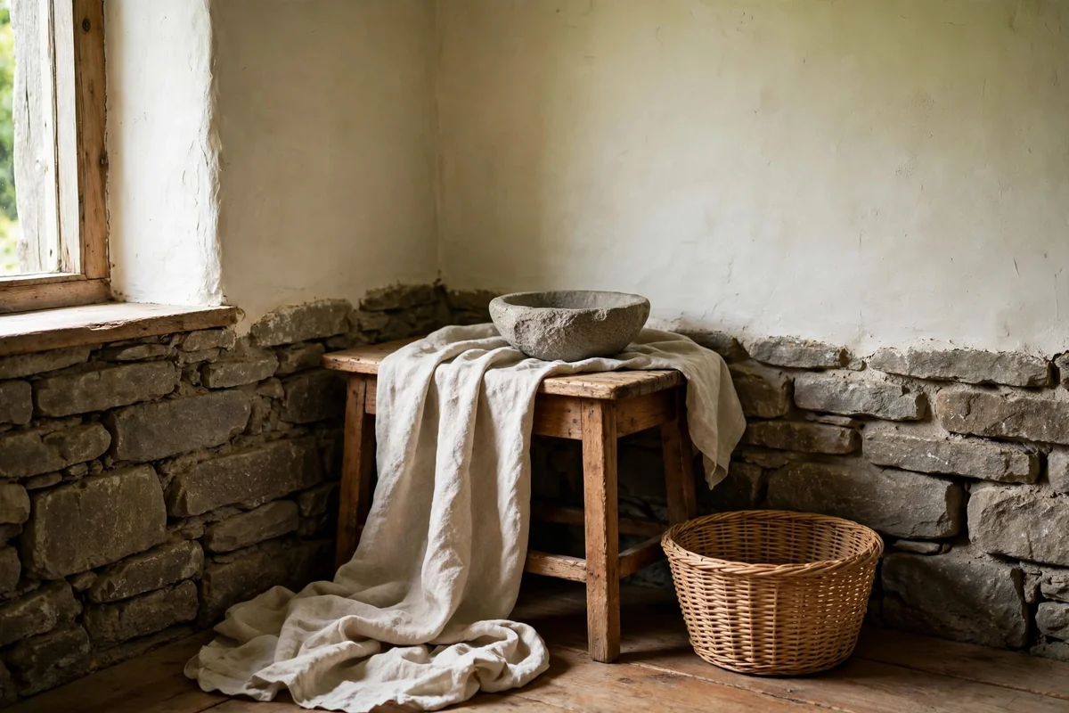 Cottage console styled with stone bowl, wood frame and woven baskets