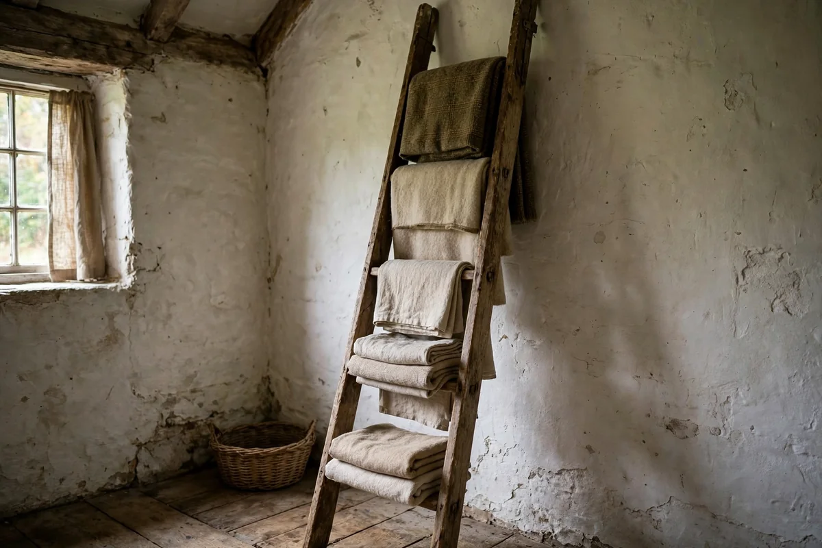 Vintage wooden ladder displaying folded blankets in a cottage corner