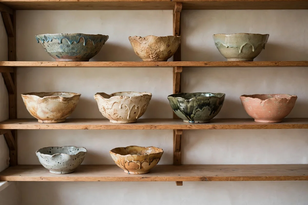 Handmade ceramic bowls displayed on open cottage shelves