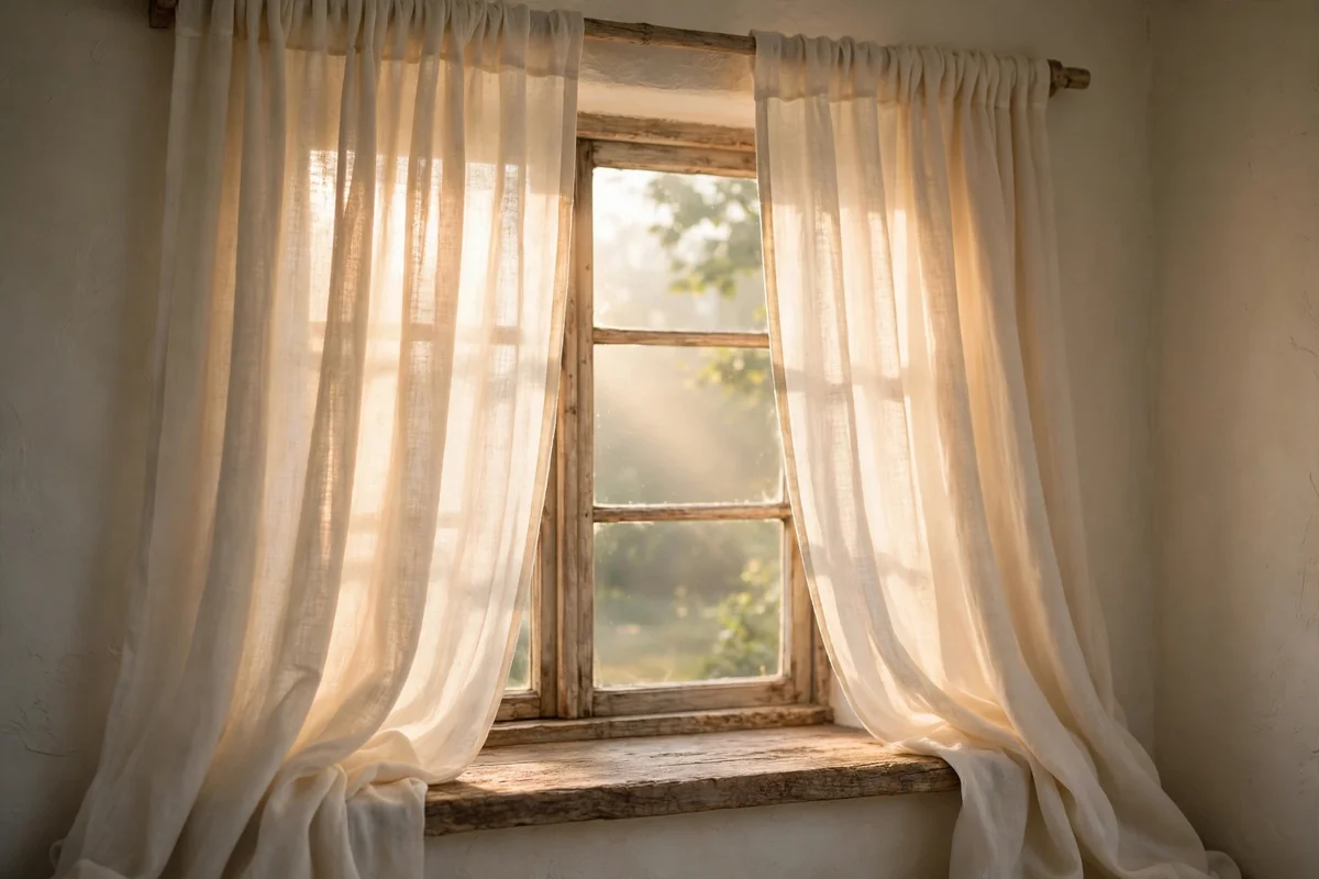 Sheer ivory linen curtains filtering sunlight in a cottage room