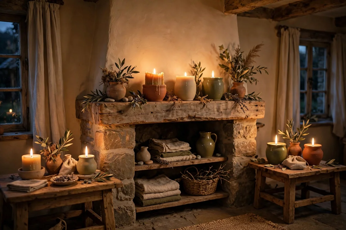 Earth-toned candles glowing on a cottage mantel at dusk