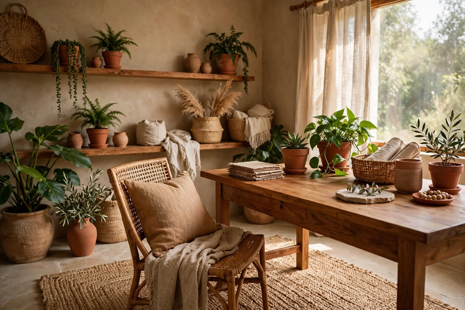 Earthy office with warm wood desk and plants