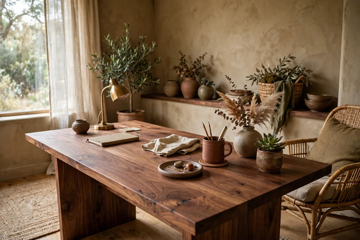 Warm wood desk in earthy office