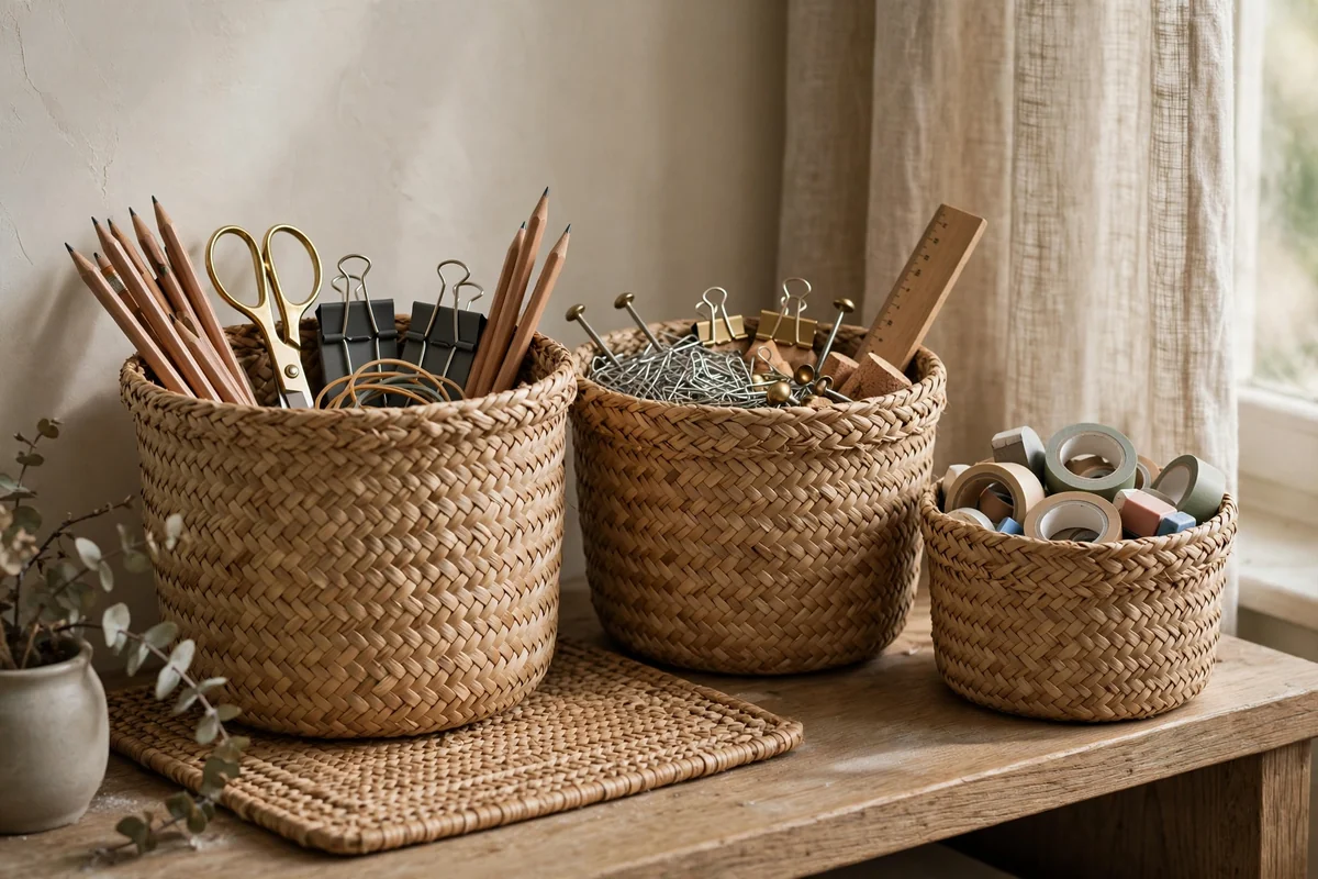 Woven baskets storing office supplies