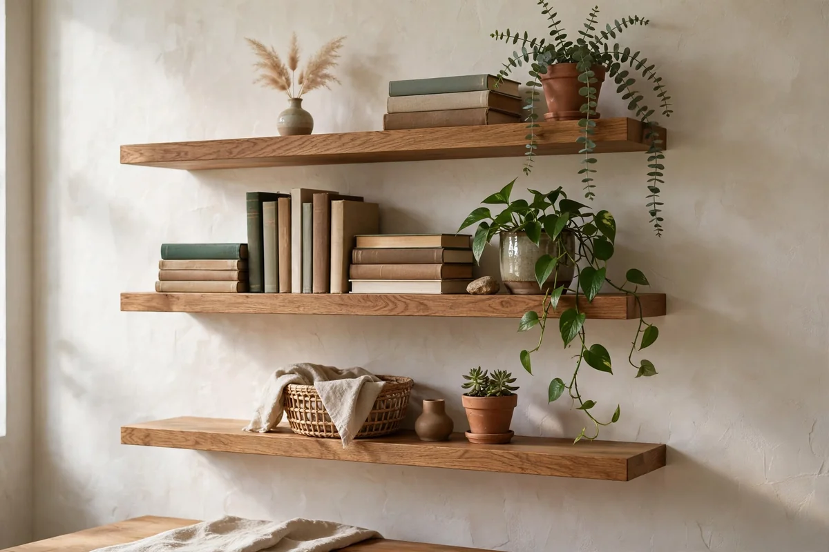 Wooden floating shelves in office