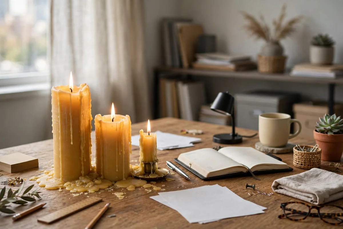 Beeswax candles on office desk