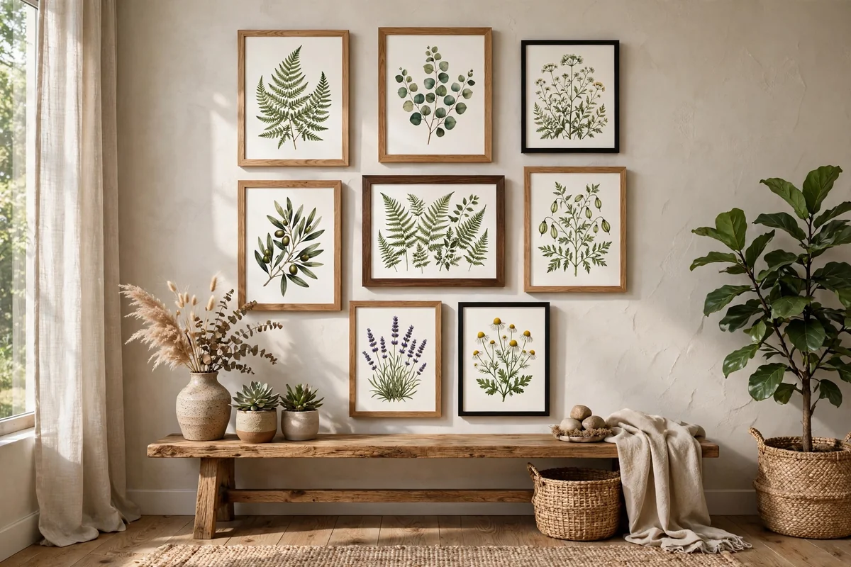 Gallery wall with earthy art prints