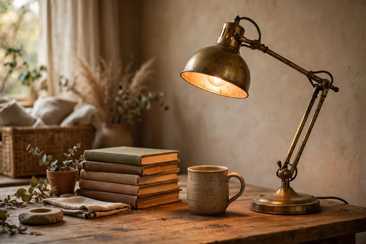 Brass desk lamp glowing warmly