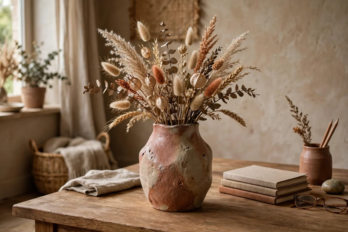 Dried flowers in vase on desk