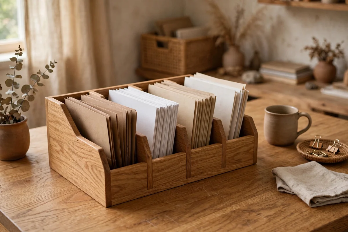 Wooden file organizer on desk