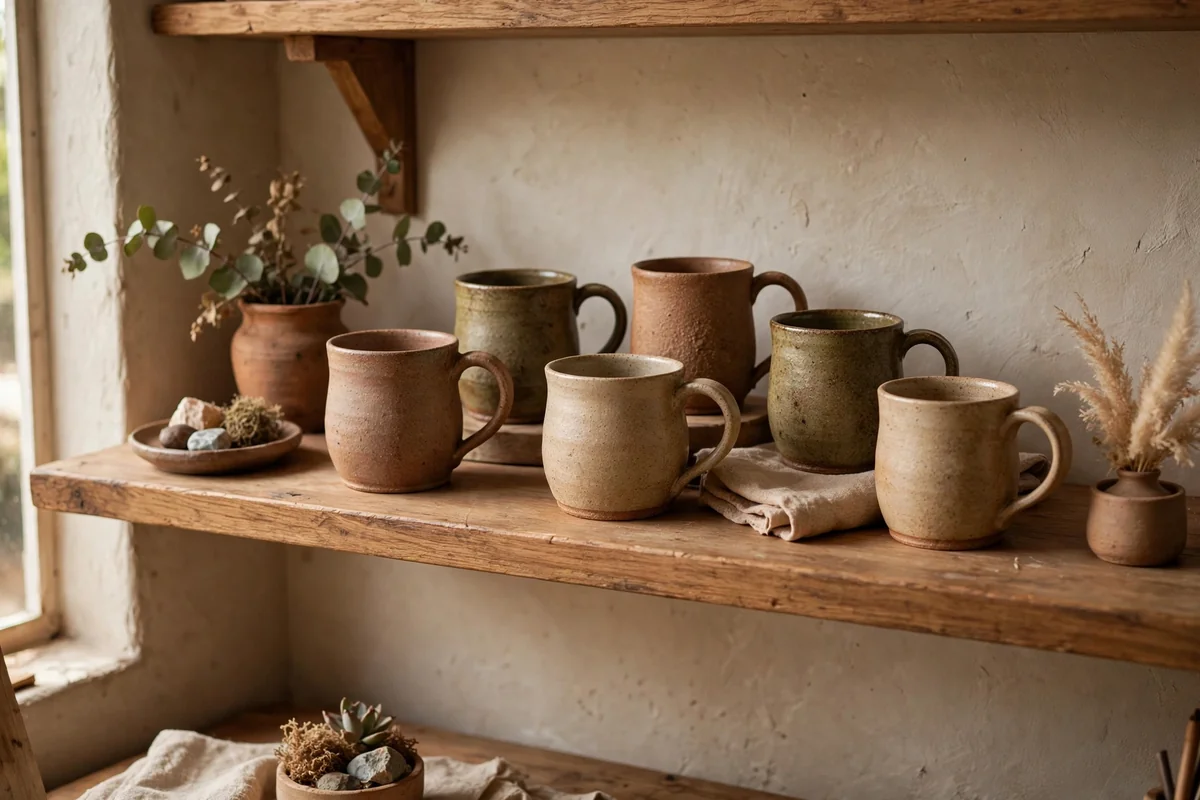 Stoneware mugs on office shelf