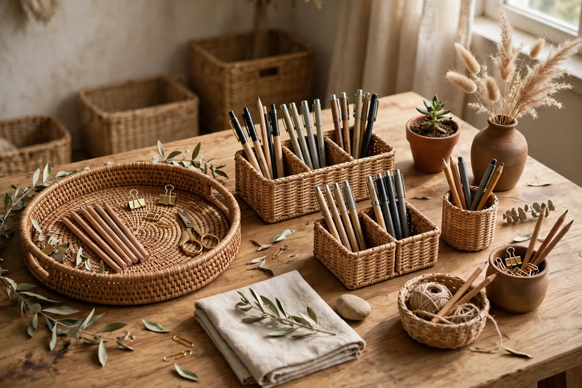 Rattan trays and holders on desk