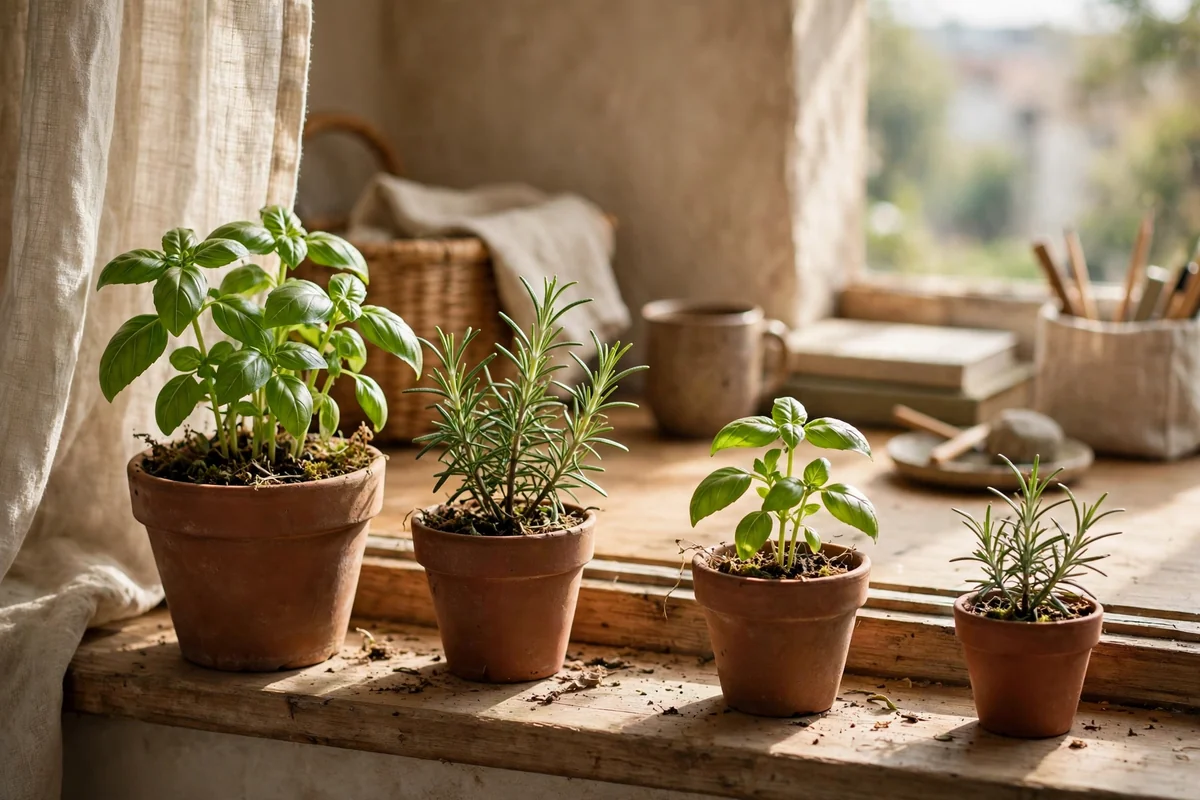 Herbs growing on office windowsill