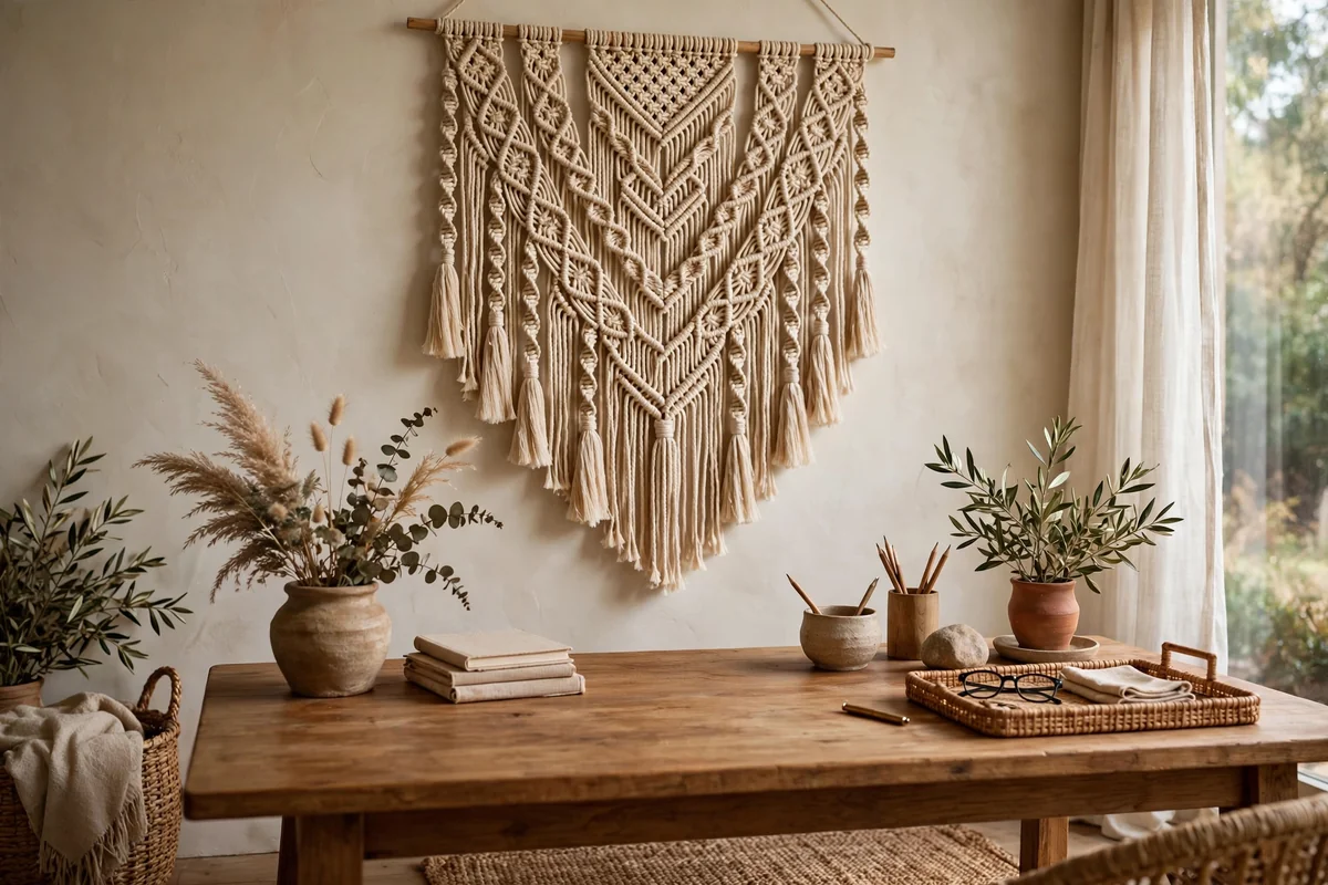 Woven wall hanging above desk