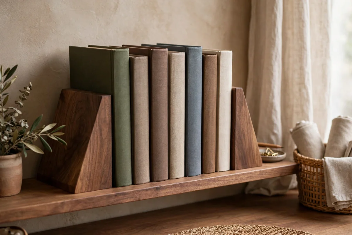 Wooden bookends holding office books