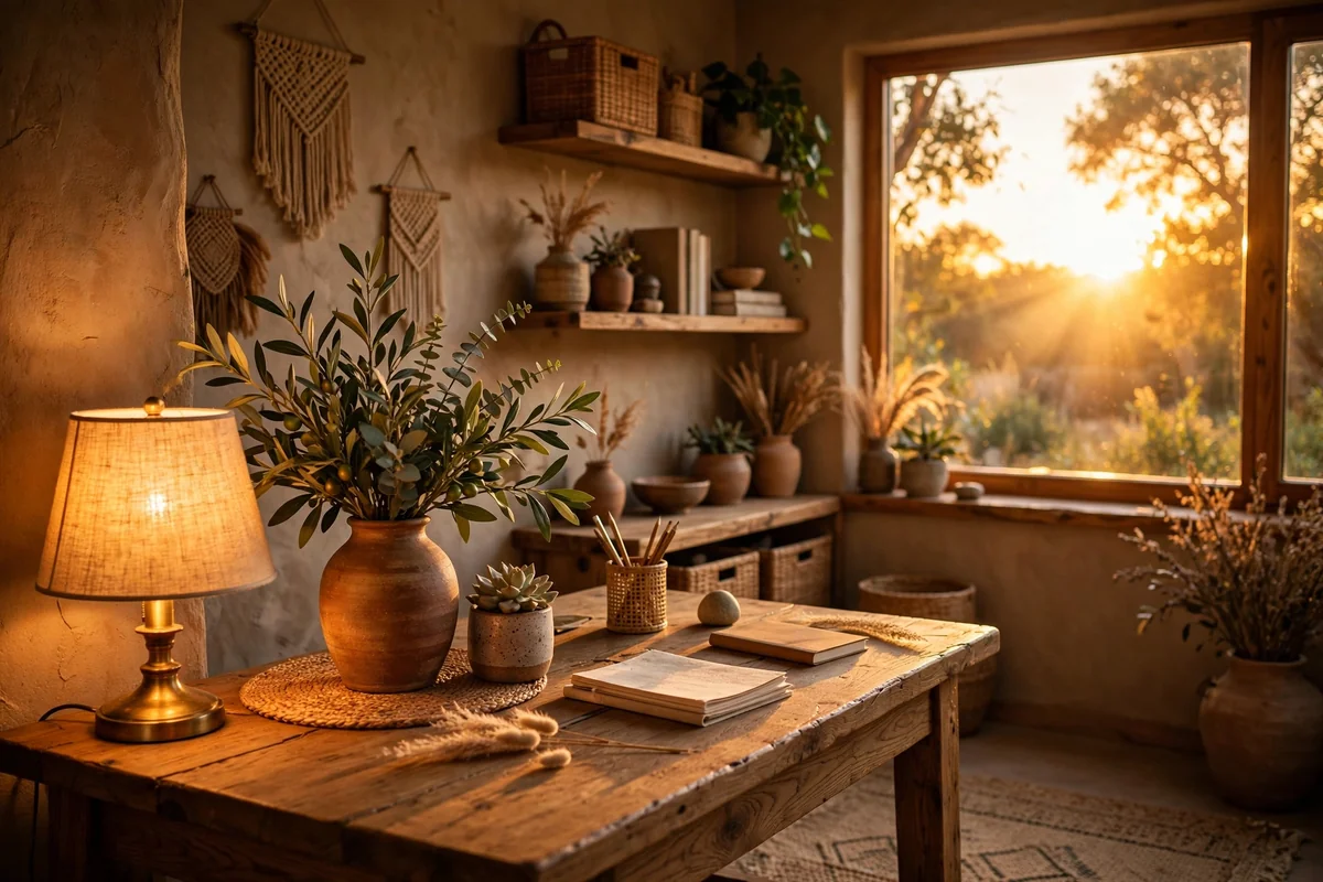 Warm sunset lighting in earthy office