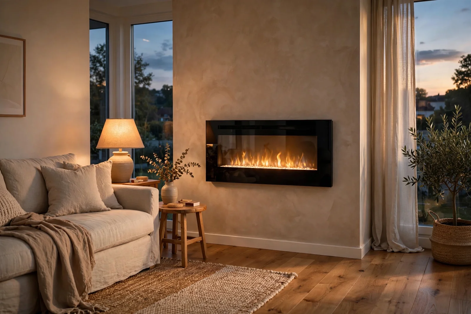 Wall mounted electric fireplace glowing warmly in a calm living room