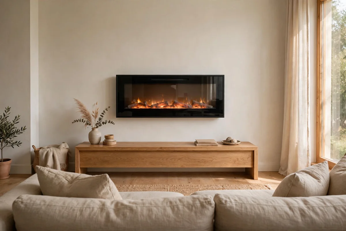 Slim wall mounted electric fireplace at sofa height in a calm living room