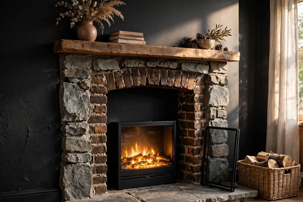 Inset electric fire glowing inside an old empty fireplace opening