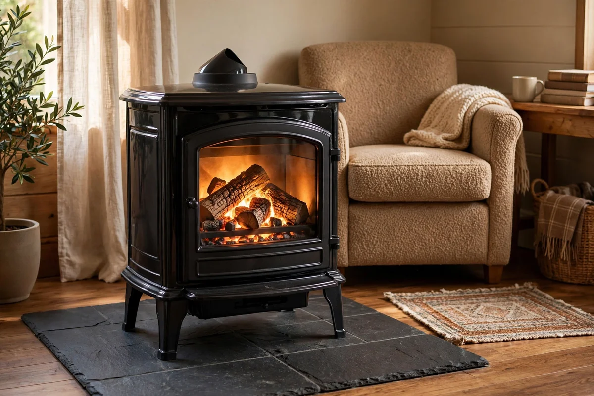 Freestanding stove style electric heater on a stone hearth pad