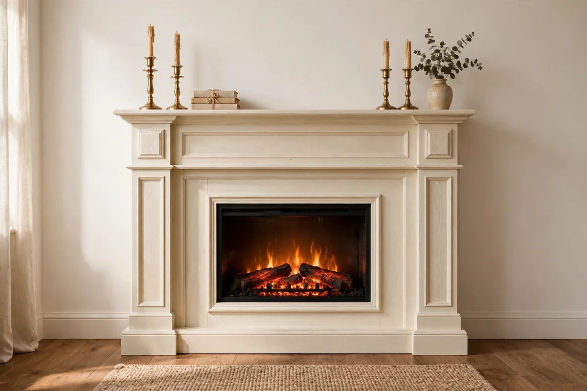 Full mantel suite with inset electric fire against a plain living room wall