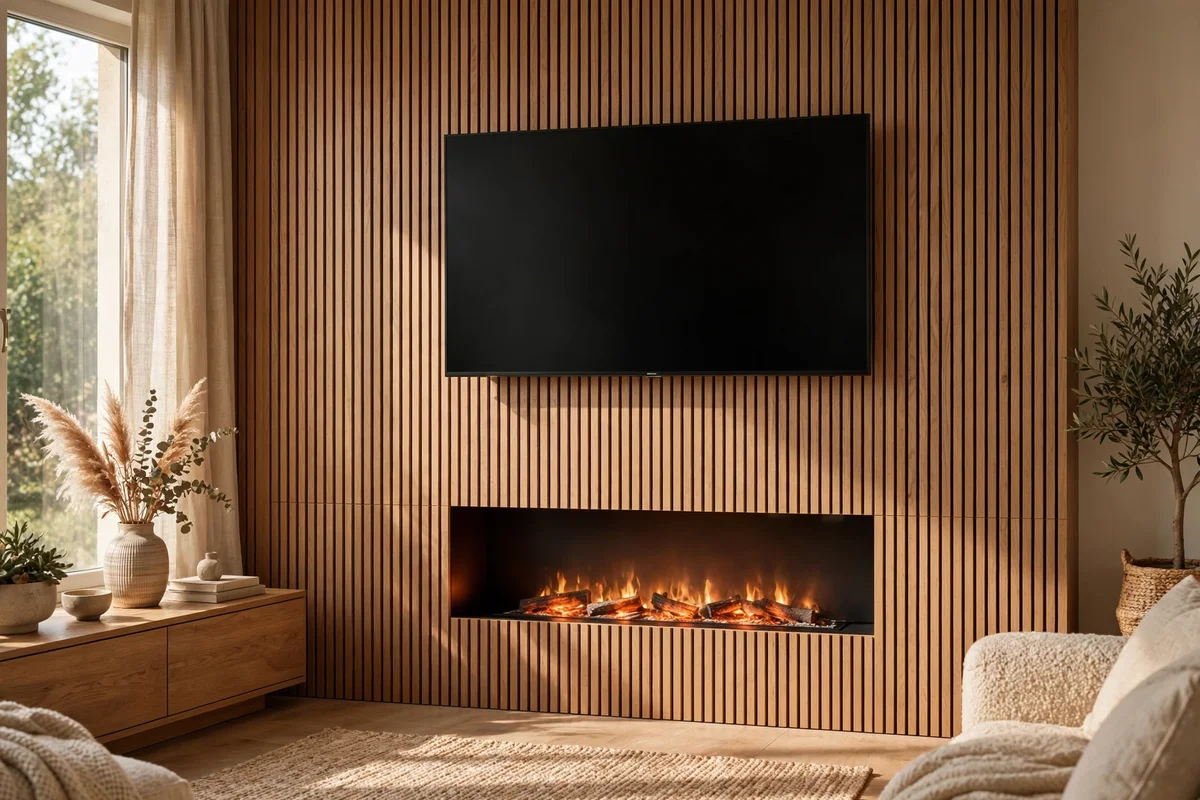 Media wall with recessed electric fire below a wall mounted television