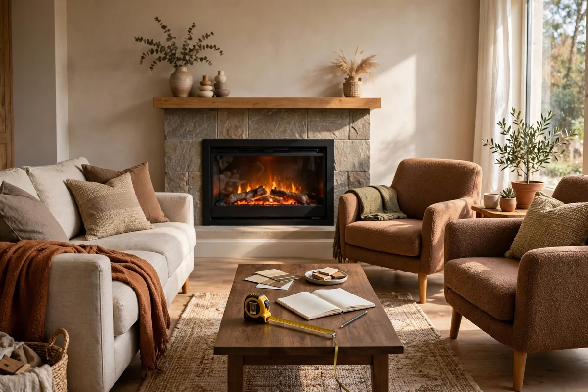Couple free living room showing electric fire warming a defined seating zone