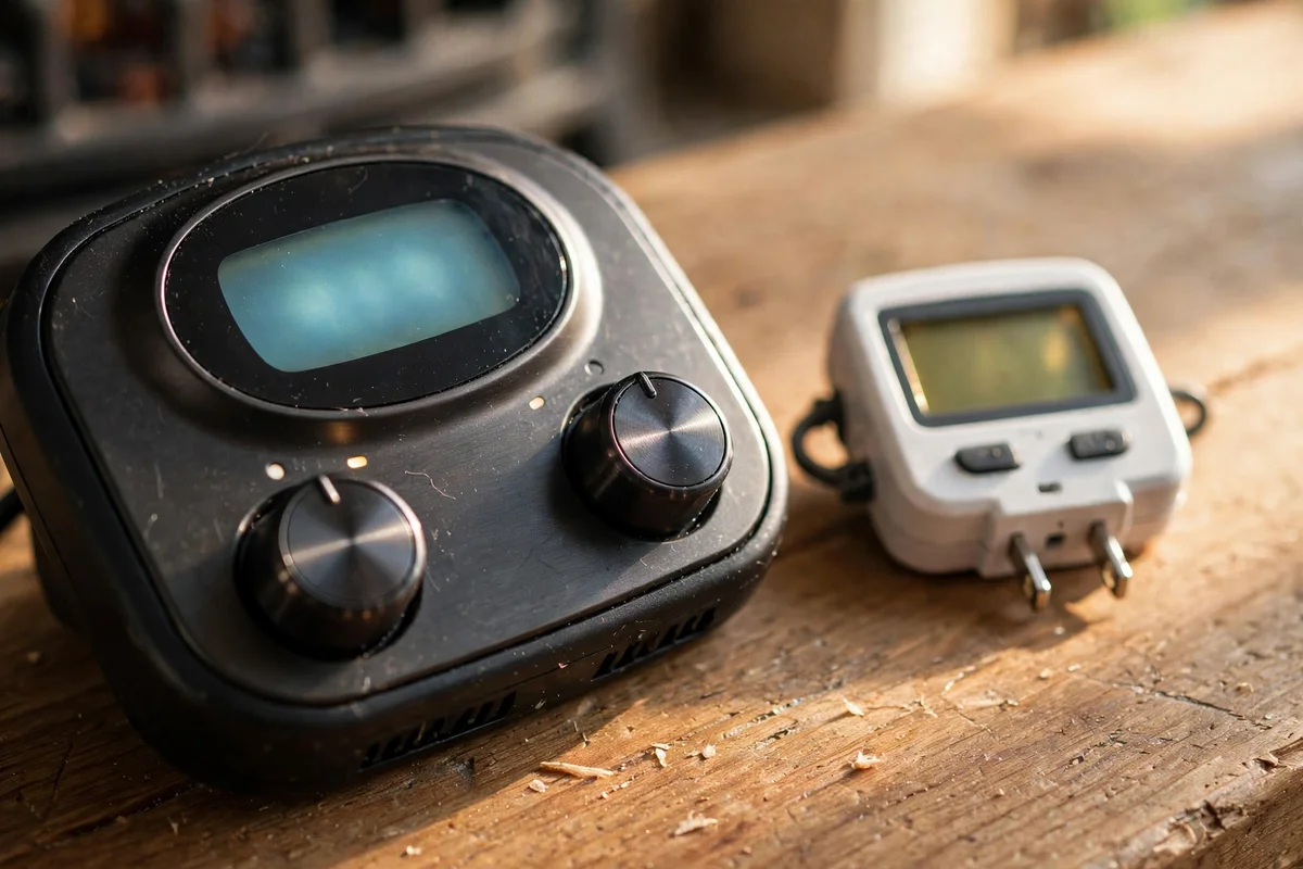 Close up of electric fireplace thermostat controls beside a small energy monitor