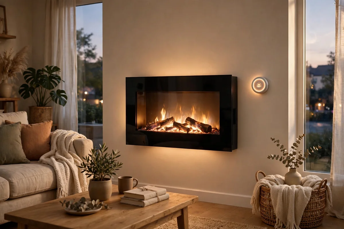 Hand free view of a thermostat dial set beside a glowing electric fire