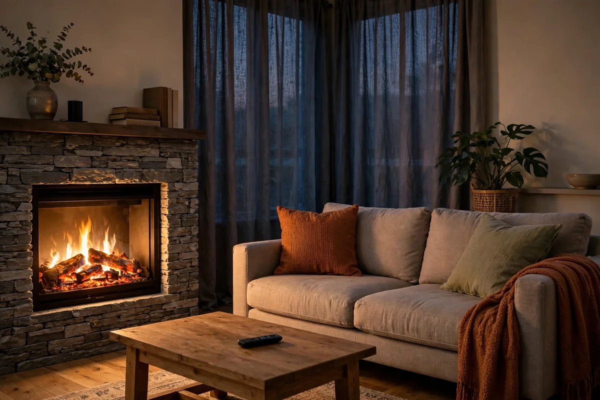 Electric fireplace warming a living room at dusk with a small timer remote