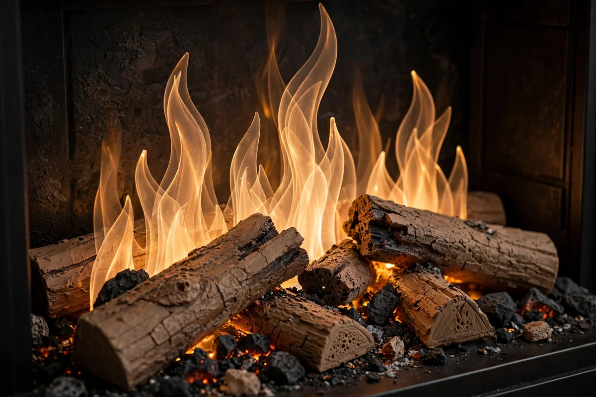 Detailed view of layered LED flame effect inside an electric fireplace