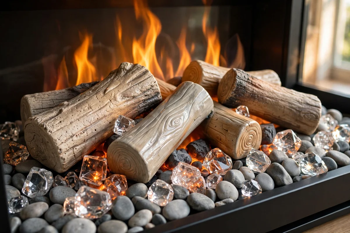 Electric fire fuel bed dressed with ceramic logs, crystals and pebbles