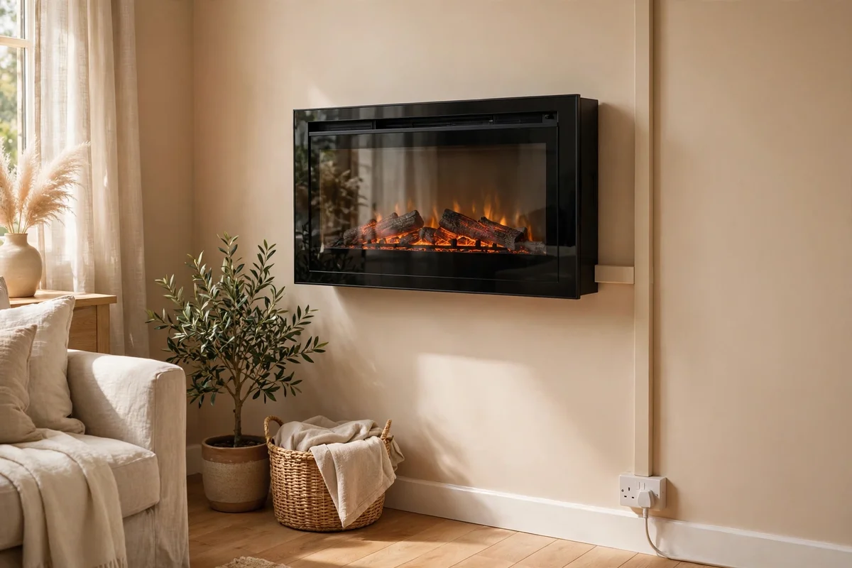 White cable trunking running discreetly down a wall beside a fireplace